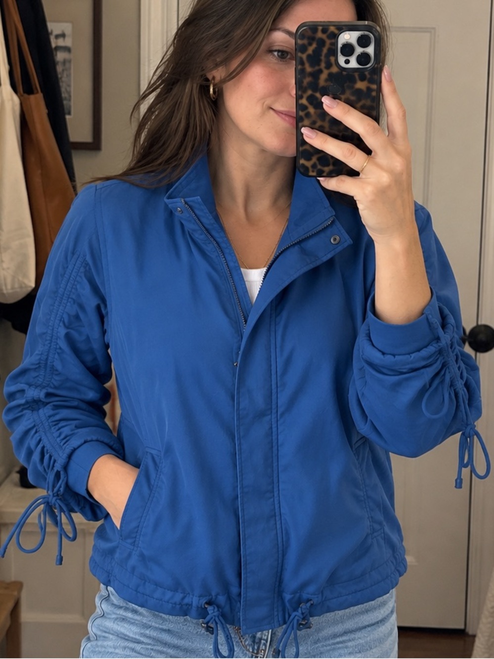 On The Road Sweatshirt Jacket Womens S Blue Zip Front Ruched Sleeve NWT